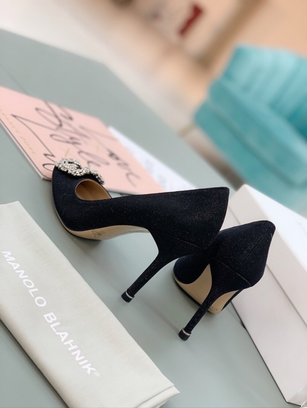 Manolo Blahnik Square Crystal Buckle Black High Heels - Picture 5 of 6